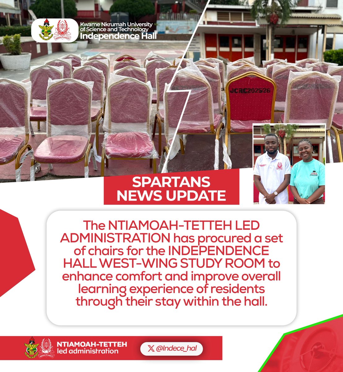 Indece_hal's tweet photo. The NTIAMOAH-TETTEH LED ADMINISTRATION has procured a set of chairs for the INDEPENDENCE HALL WEST- WING STUDY ROOM to enhance comfort and improve overall learning experience of the residents throughout their stay with the hall.
SPARTANS ALWAYS A STEP 

JCRC 25/26 https://t.co/auw6AjPok6