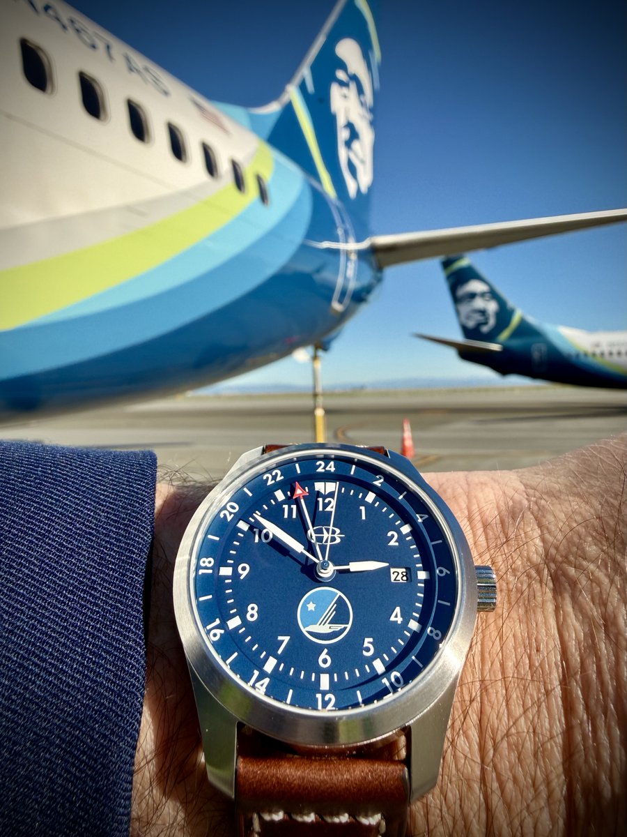 ButlerWatchCo's tweet photo. We recently finished a project with pilots at Alaska Airlines. The collaboration resulted in the North Star GMT watch. The dial and case back feature the Alaska Airlines colors and the pilots wings. The watch is a compliment to their uniform as well as a great pilot's tool.
The North Star GMT features a stainless steel case, sapphire crystal, and screw down crown.  The Miyota 9075 mechanical movement provides the “jumping hour” hand function which facilitates quick time zone changes. Ask your nearest Alaska Airlines Pilot to see their new North Star GMT watch!
