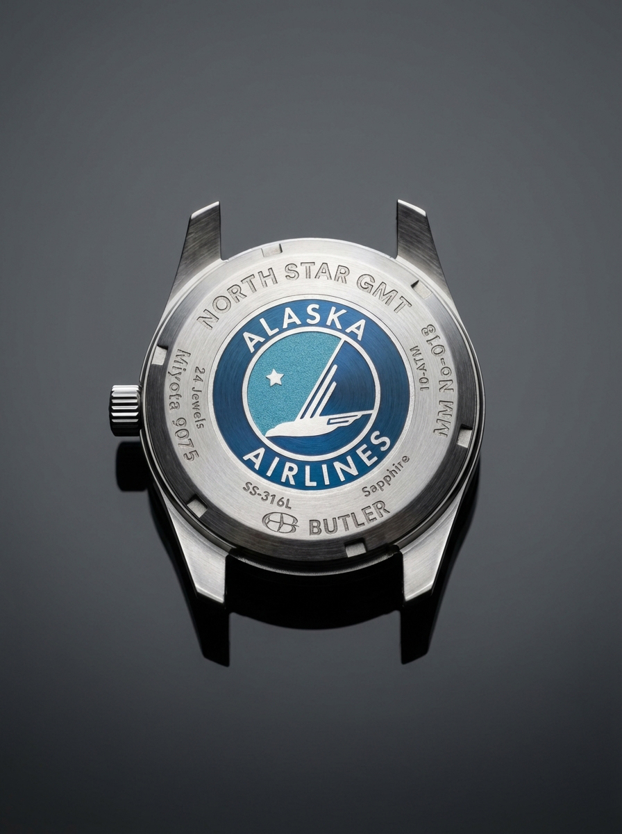 ButlerWatchCo's tweet photo. We recently finished a project with pilots at Alaska Airlines. The collaboration resulted in the North Star GMT watch. The dial and case back feature the Alaska Airlines colors and the pilots wings. The watch is a compliment to their uniform as well as a great pilot's tool.
The North Star GMT features a stainless steel case, sapphire crystal, and screw down crown.  The Miyota 9075 mechanical movement provides the “jumping hour” hand function which facilitates quick time zone changes. Ask your nearest Alaska Airlines Pilot to see their new North Star GMT watch!