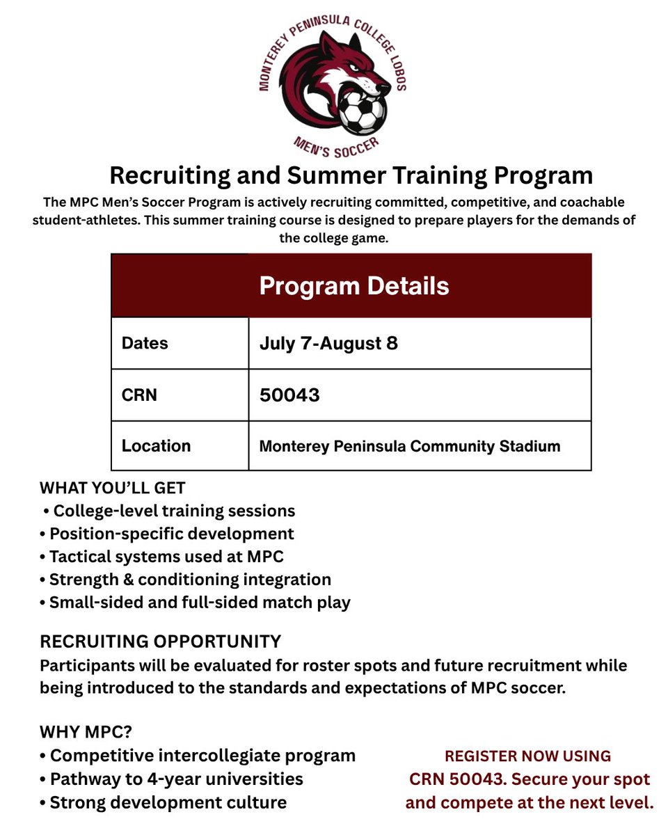 mpcmenssoccer's tweet photo. MPC is actively recruiting committed, competitive, and coachable student athletes for fall competition.  Earn your spot through our summer training program. @MPCFDN @_MPCAthletics @SeasideHigh https://t.co/146ColO6fY