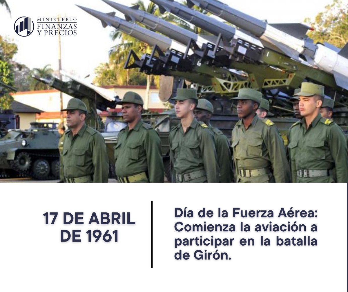 Buenos días 🌞#Cuba❗️
Día de la Fuerza Aérea: Comienza la aviación a participar en la batalla de Girón.
#CubaViveEnSuHistoria
#FinanzasyPrecios