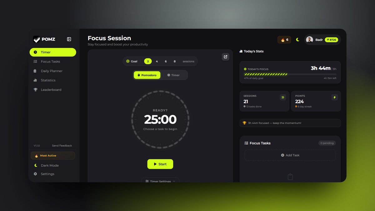 pomzapp's tweet photo. NEW UI IS HERE ✨🔥. 

#pomzapp #productivityapp #saas #startup https://t.co/YpGVpiUf4T