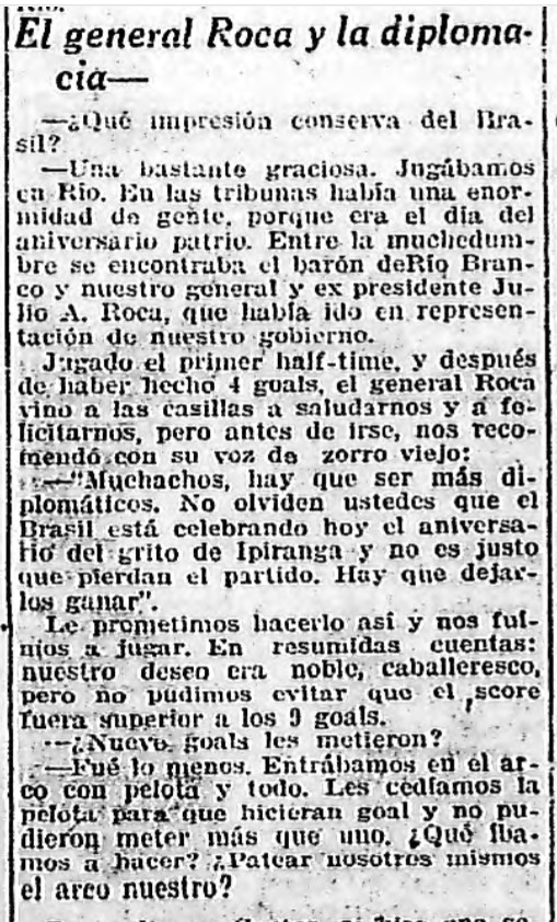 PCiullini's tweet photo. En una nota de 1926, Max Susan recuerda que en la gira por Brasil de 1912, el ex presidente Julio A.Roca les pidió al fin del PT con un 4 a 0 a favor, que fueran mas diplomáticos y que se dejaran ganar. Así se lo prometieron, pero en el ST hicieron 5 goles mas, finalizando 9 a 1. https://t.co/1v4CxqCz1C