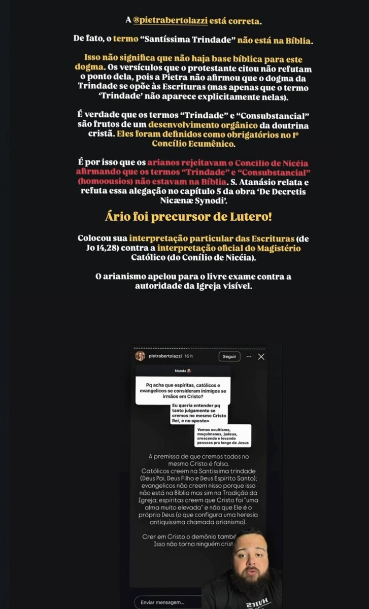 O protestante querer defender o Sola Scriptura com o dogma da Trindade é curioso.

O termo “Trindade” não está nas Escrituras (embora não as contradiga). Foi definido por autoridade do 1º Concílio.

Os arianos o rejeitaram justamente por não encontrá-lo explicitamente na Bíblia.