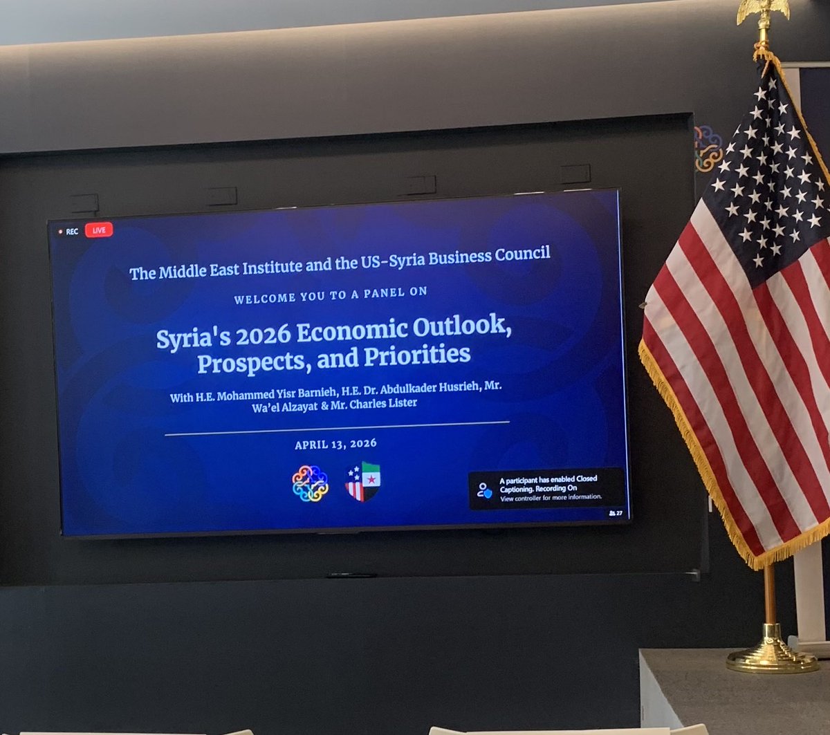 sinam56's tweet photo. at the @MiddleEastInst I asked Syria’s finance minister about plans for industrial development in Aleppo and the northeast Syria . 

Syria’s redevelopment needs to be  spread throughout the country. 

All Syrians must benefit from economic investment coming into our nation. https://t.co/TUv45lt3mV