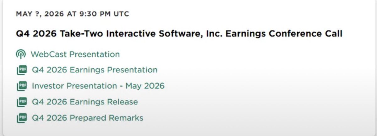 Next Take-Two Interactive Q4 2026 earnings conference call:

When do you think the announcement for the next investor call will drop, and what updates should we realistically expect from Strauss Zelnick?

More importantly, do you think there’s any chance we get fresh information