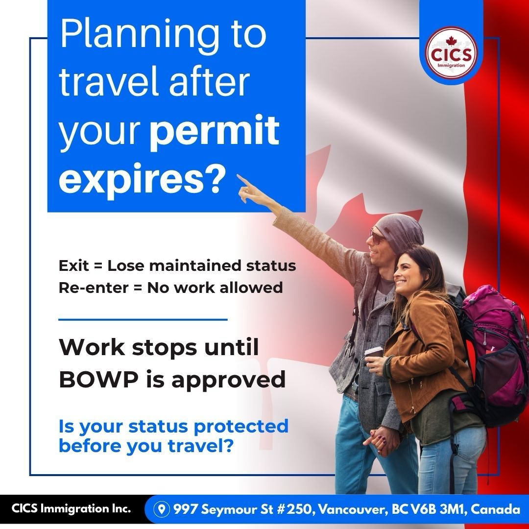 CICSImmigration's tweet image. But the risk starts here:

⚠️ If your original work permit expires and you leave Canada:
• You lose your maintained status
• You may re-enter as a visitor only
• You cannot work until your BOWP is approved

#BOWP #WorkPermit #CanadaPR #ExpressEntry #ImmigrationTips