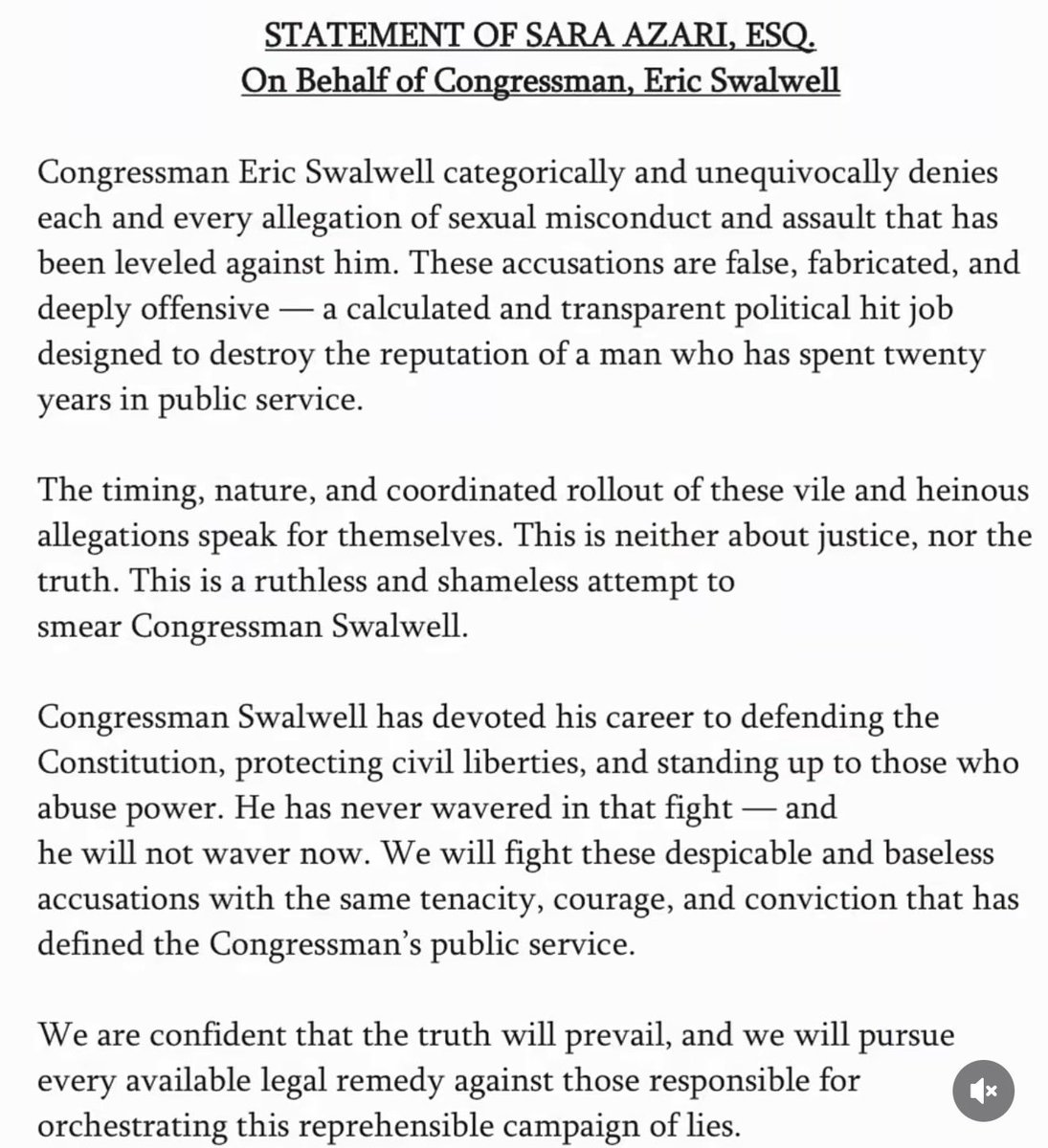 🚨NEW: statement from the attorney for now former Congressman Eric Swalwell 🚨

“This is a ruthless and shameless attempt to smear Congressman Swalwell.”