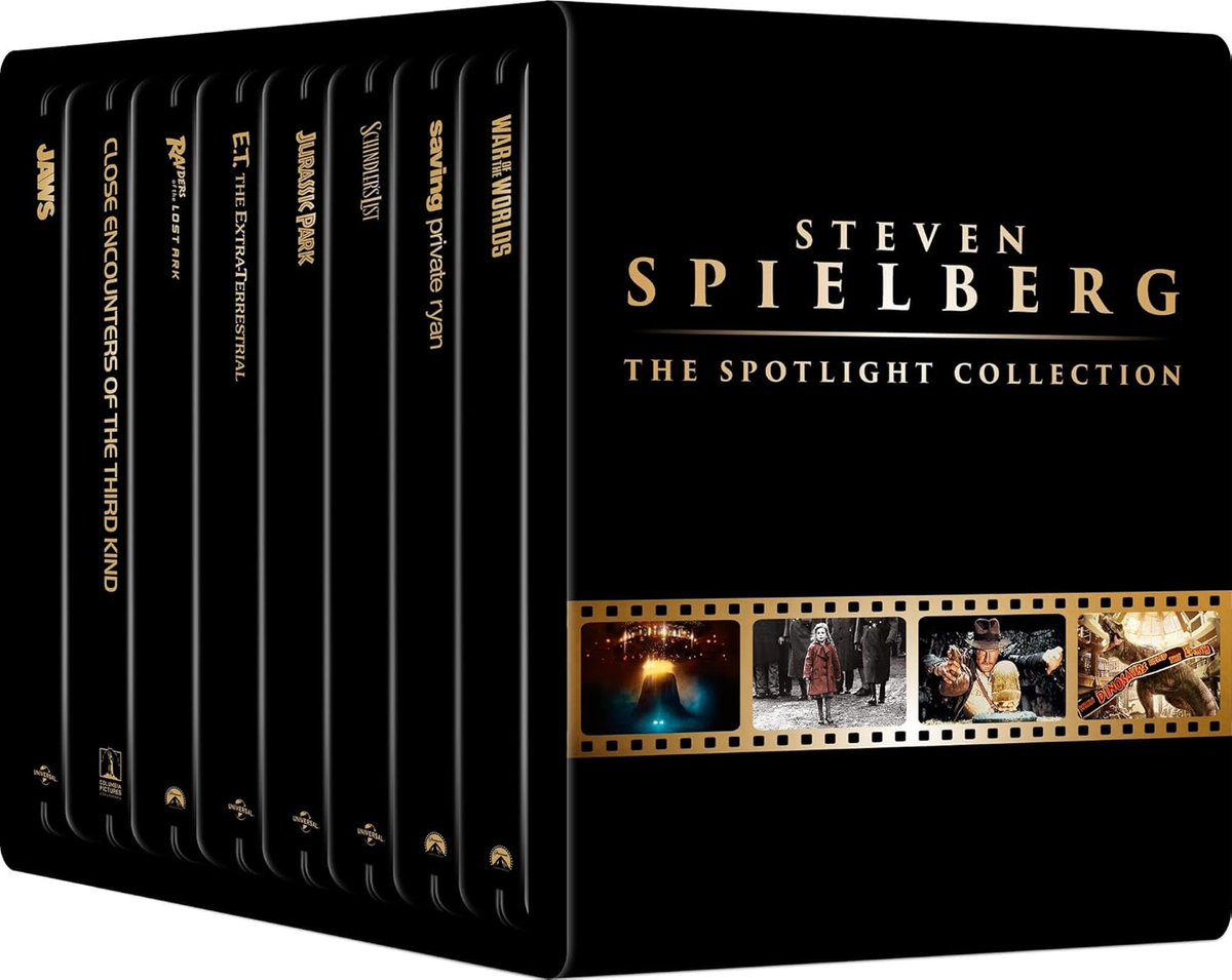 IGNDeals's tweet photo. This went up for preorder this morning: Spielberg 8-Film Steelbook Library Case Spotlight 4K collection up for preorder for $199.99, Amazon-exclusive, out June 9. Has 25 hours of bonus features in addition to the classic movies + War of the Worlds. https://t.co/SnsvkZaSvQ #ad https://t.co/NktWGm10i9
