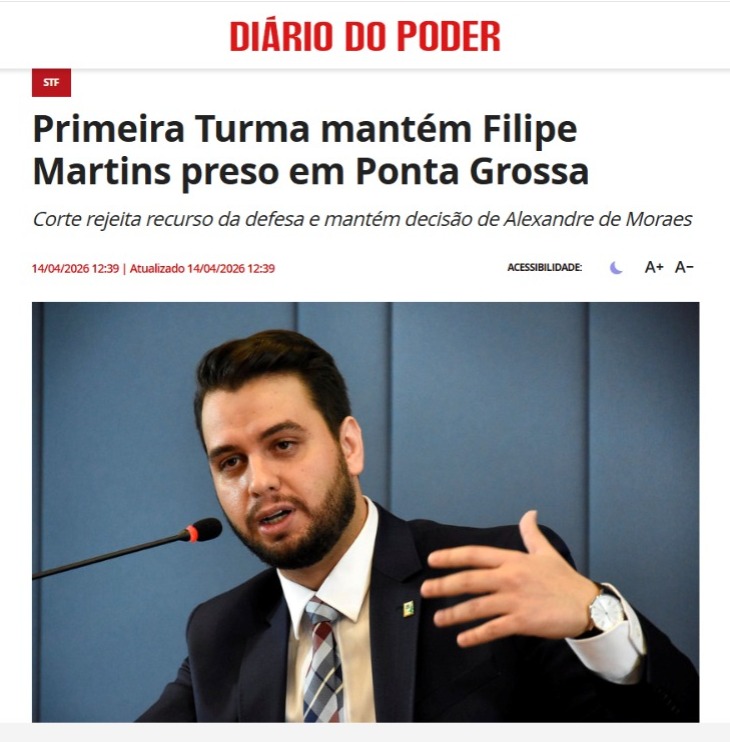 INOCENTE, PRESO E EM RISCO DE MORTE!

Filipe Martins está preso mesmo sendo inocente: por uma viagem que não fez, por uma minuta que não escreveu (e que sequer existe) e por um suposto acesso ao LinkedIn que não ocorreu. Ainda assim, o STF decidiu manter sua prisão na cadeia