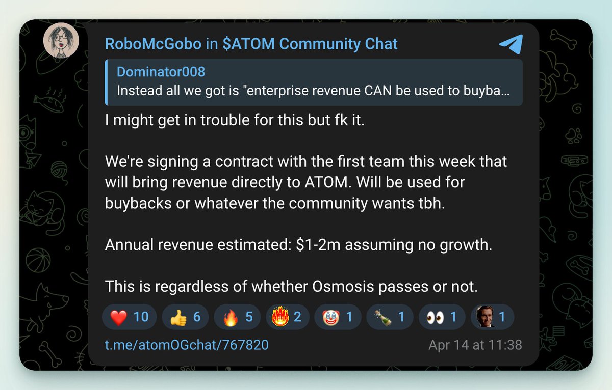 $ATOM - are you ready?

The first enterprise contract routing revenue directly to $ATOM about to get signed. Estimated annual revenue: $1–2M.

After years of "useful stack, no value capture," the stack story is finally becoming a token story.

Router > Religion.

🫡