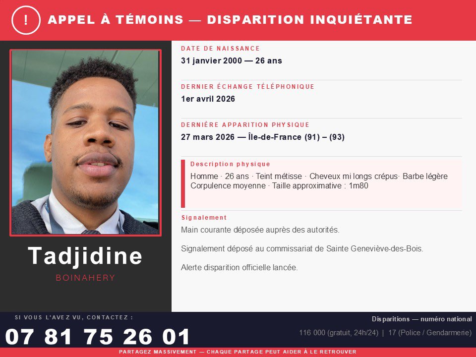 _notyournay's tweet photo. ALERTE ! ‼️ 
Notre cousin n’a plus de donné de nouvelles depuis le 1er avril 2026. Il était souvent dans le 93 (Drancy, Roissy, Villepinte) et 91. 
Si vous avez la moindre info, veuillez contacter le numéro sur la fiche ! 

Un partage peut faire beaucoup !! MERCI ❤️ https://t.co/GZB0QQsRRw