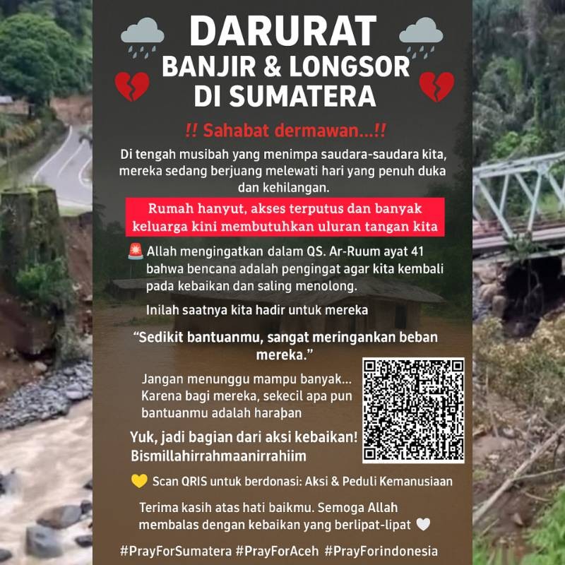 RohtaAnjulian's tweet photo. ๐ Sumatra masih berjuang ๐ญโผ๏ธ
Ribuan keluarga kehilangan tempat tinggal ๐ง๏ธ
Sibolga โข Padang โข Aceh โข Medan
๐คฒ Saat bantuan kurang, kita saling menguatkan โผ๏ธ
๐ฒ Donasi QRIS Aksi Cepat Peduli Kemanusiaan
๐ RT = bantu selamatkan nyawaโผ๏ธ
#PrayForSumatera #prayforaceh https://t.co/NvpDIK5XXL