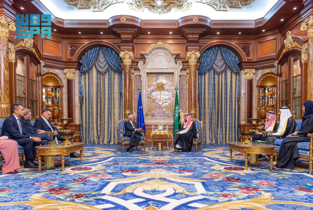 arabnews's tweet image. #PHOTOS: #SaudiArabia's Crown Prince Mohammed bin Salman meets with the President of the European Council Antonio Costa
