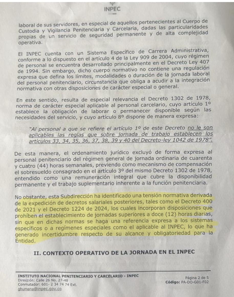 SeupColombia's tweet photo. Miren la perla que nos regaló el señor Torres jurídico del INPEC. 
La solicitud de concepto que elevó el INPEC al DAFP no fue una consulta objetiva. Fue un documento acomodado y mentiroso para que la respuesta de la función pública fuera negativa y contraria a la seguridad y vida del cuerpo de custodia y vigilancia. Basta revisar sus páginas 2, 3 y 4 para evidenciar un enfoque orientado a resaltar únicamente aspectos negativos de la jornada 24x48.
No puede desde un escritorio promover un documento tan malintencionado sin tener en cuenta aspectos tan importantes como la propia seguridad de quienes hoy con todas las vicisitudes provenientes del abandono estatal, sostienen el sistema. 
Este documento pone en riesgo las excepciones establecidas en la Resolución 5018 de 2021. Y eso no es un tema menor: significaría perder la posibilidad de aplicar un modelo que ha demostrado generar mayor seguridad y bienestar para nuestros guardianes.