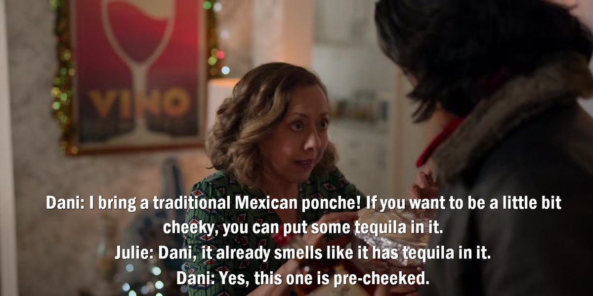 TedLassoism's tweet photo. Dani: I bring a traditional Mexican ponche! If you want to be a little bit cheeky, you can put some tequila in it.
Julie: Dani, it already smells like it has tequila in it.
Dani: Yes, this one is pre-cheeked.
Ted Lasso #S02E04
#TedLasso https://t.co/BiNVnn1Qix