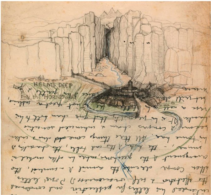 Tolkien's manuscript and sketch of Helm's Deep.