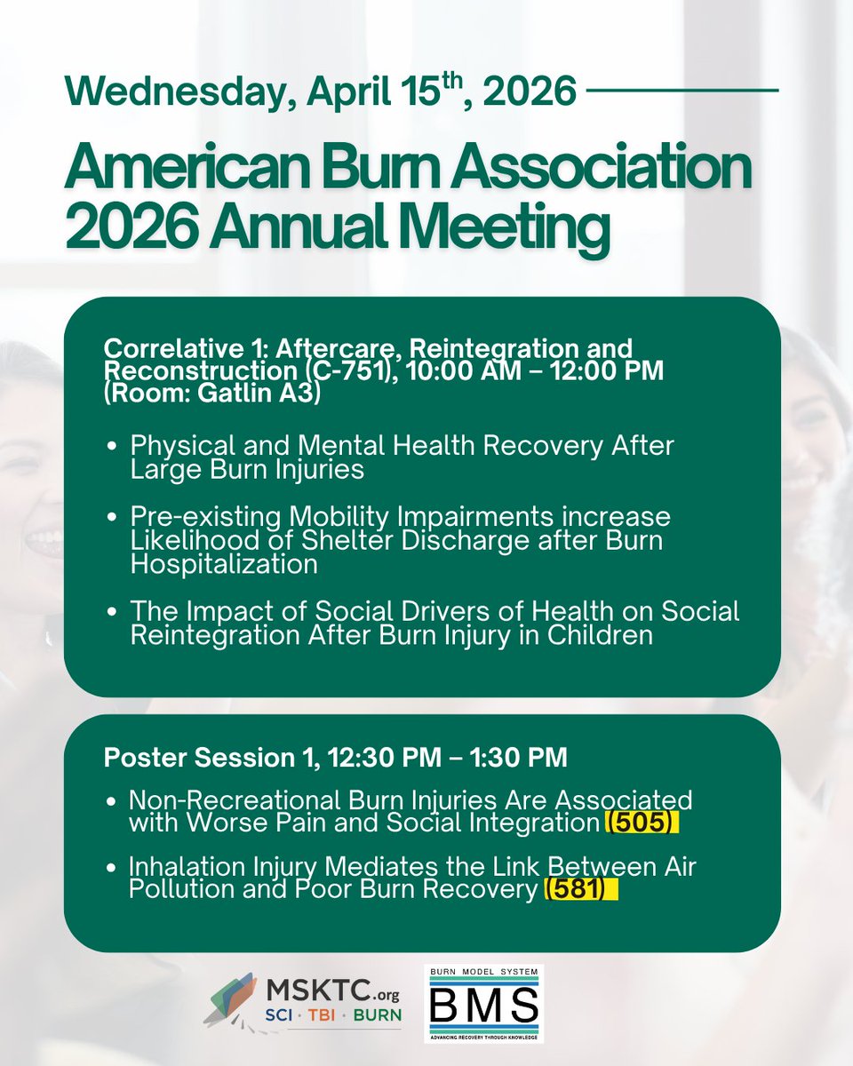BURN_MS's tweet photo. Big conversations are happening tomorrow at the 2026 ABA Annual Meeting. Burn Model System researchers are diving into recovery after burn injury—from physical and mental health to social reintegration and environmental impacts. See you there! https://t.co/AhapxnQtj5