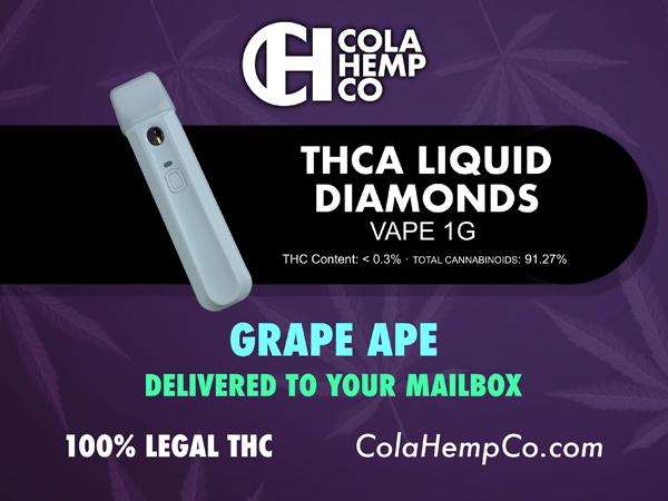 New!
Grape Ape THCa Liquid Diamond 1g Vape

90+% total cannabinoids for the Heavy Hitters

All Federally Legal products that contain less than .3% THC 
Delivered to your door US only 21+ (verified at checkout) 

Get Some (while supplies last) 
colahempco.com/product/thca-l…