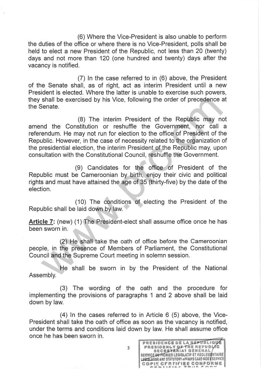 PR_Paul_BIYA's tweet image. Law to amend and supplement the Constitution of 2 June 1972, as amended and supplemented by law No.96/06 of 18 January 1996 and law No.2008/001 of 14 April 2008.

#PaulBiya
#Cameroon
1/2