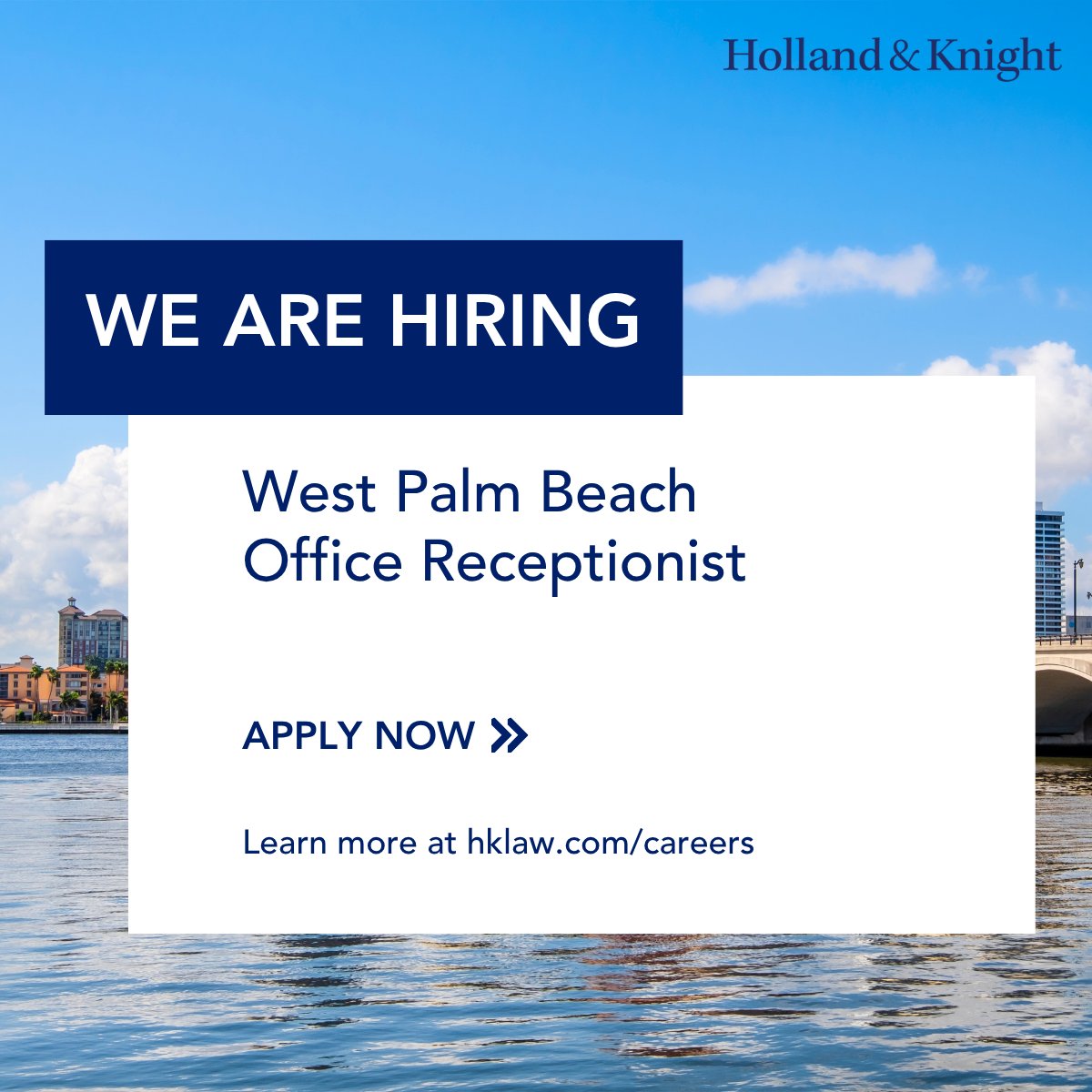 Holland_Knight's tweet image. Holland &amp;amp; Knight's #WestPalmBeach office is seeking a receptionist to serve as the first point of contact for clients and guests. Responsibilities include greeting visitors, answering a multiline phone system, scheduling conference rooms and supporting the daily