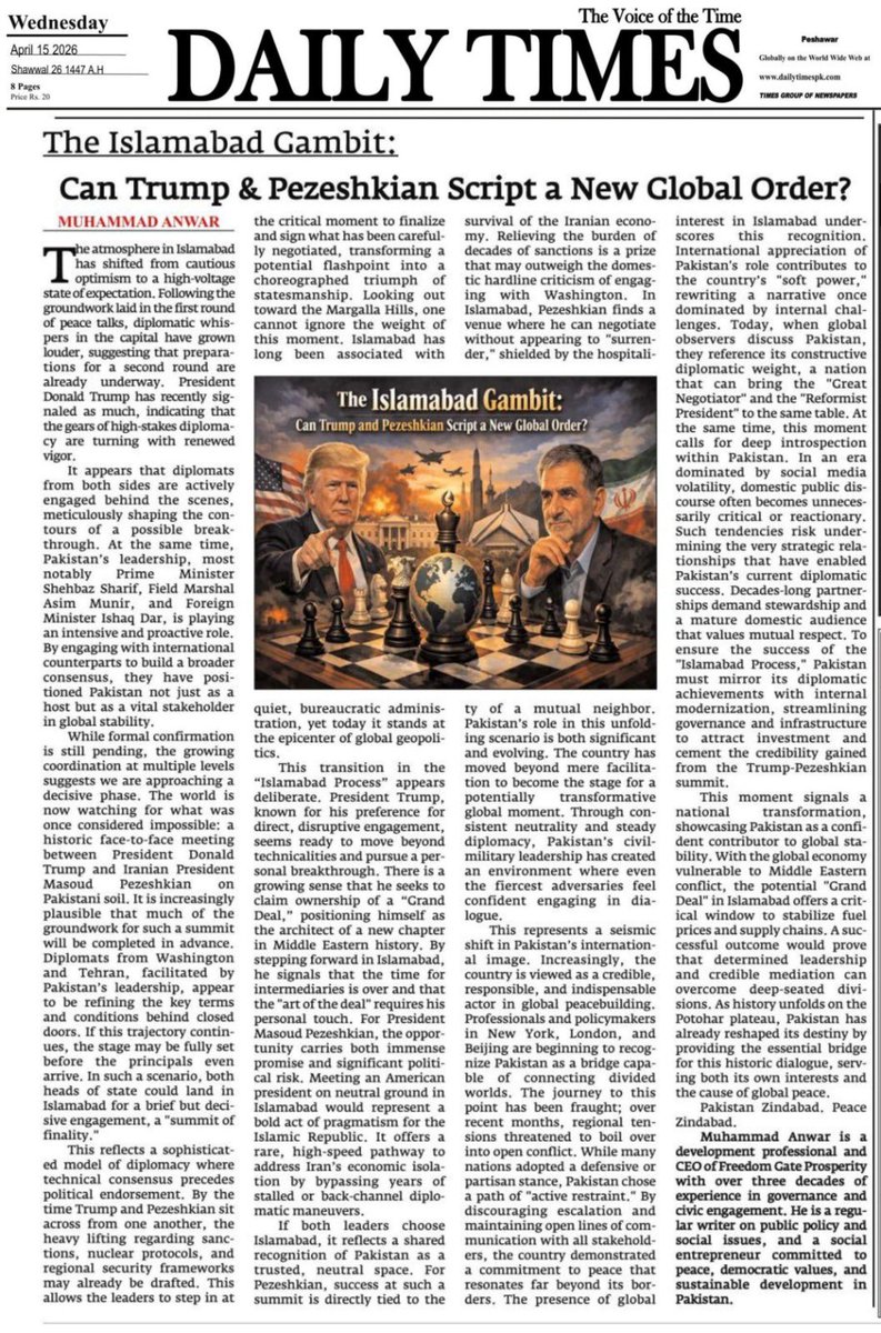 AnwarMuhammad0's tweet photo. My latest article explores Islamabad’s growing role in global diplomacy and the possibility of a historic breakthrough.
A moment that could shape a new global direction.
Your thoughts are welcome. https://t.co/NVCSNIgPPg