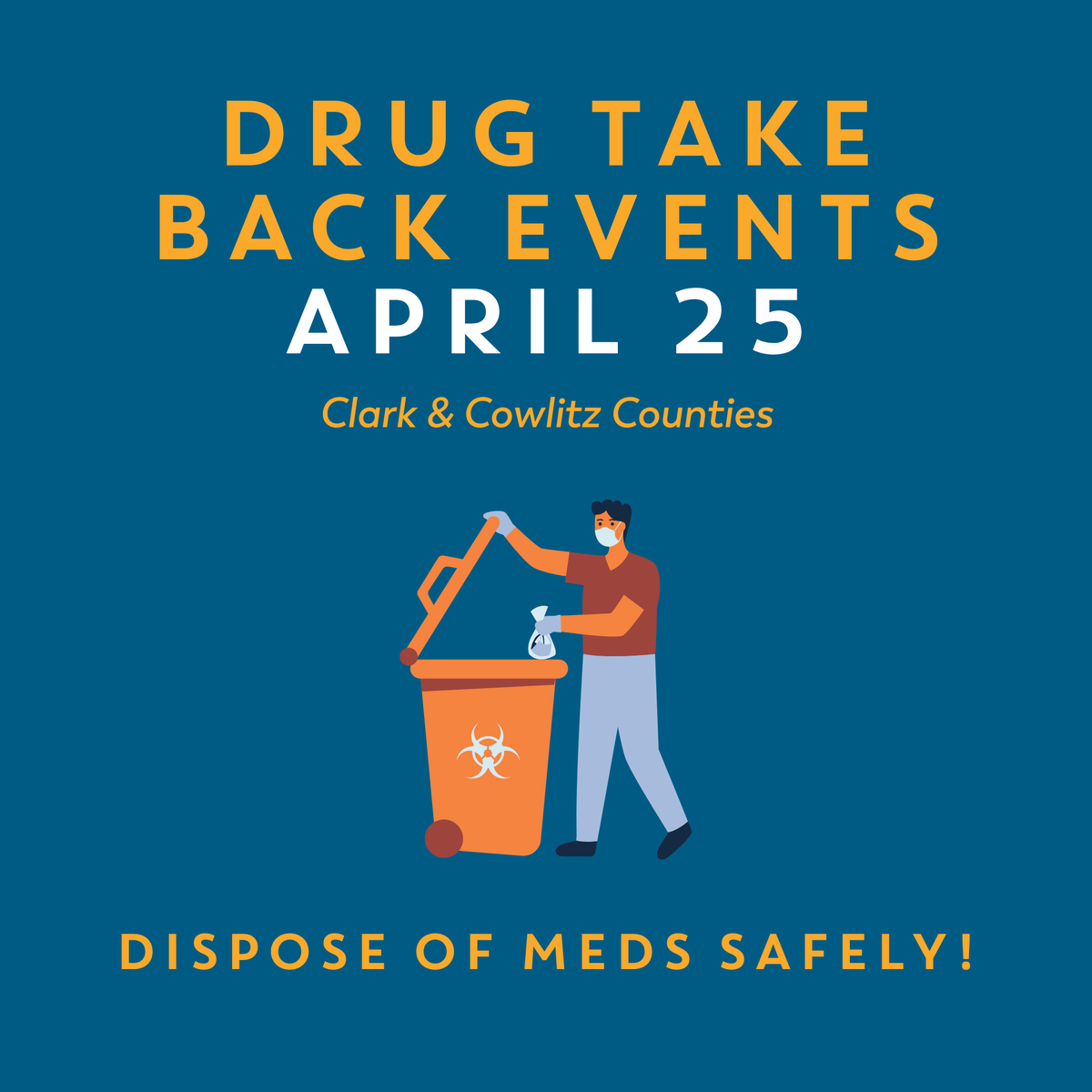 PreventCC112's tweet photo. Unused or expired medications at home? 💊 Safely dispose of them at our drive-thru drug take-back event on Saturday, April 25.

Bring unused or expired: 
✔️ Prescription medications 
✔️ Over-the-counter medications 
✔️ Pills, liquids &amp; inhalers 

Details: https://t.co/iYIGOhOyad https://t.co/cSqK29aOm3