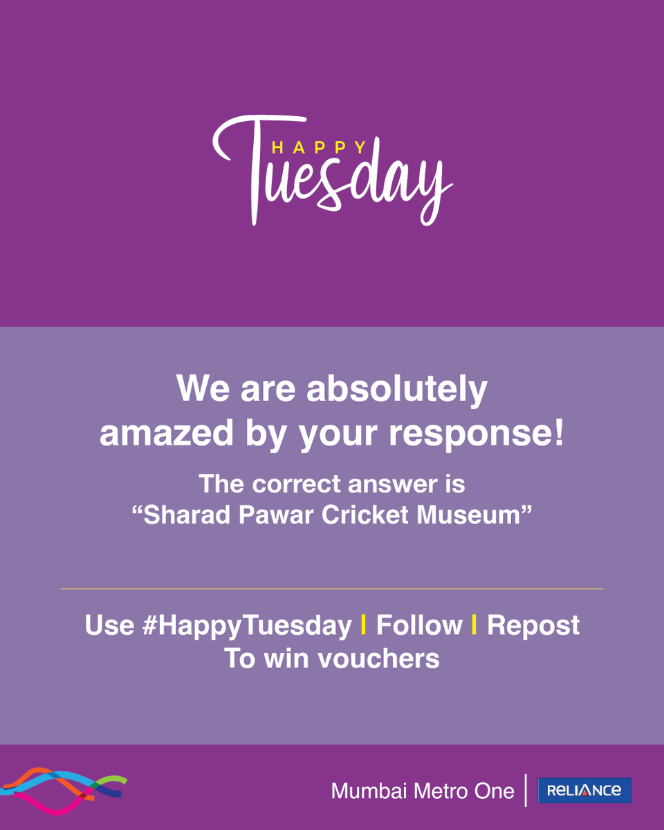 MumbaiMetro01's tweet image. A huge thank you to all for participating. 

Prizes will be awarded to 50 winners, first 25 correct entries and additional 25 winners by draw.

Mention #HappyTuesday with your answer, follow us and repost to participate and win every Tuesday.

#Contestalert #winprizes
