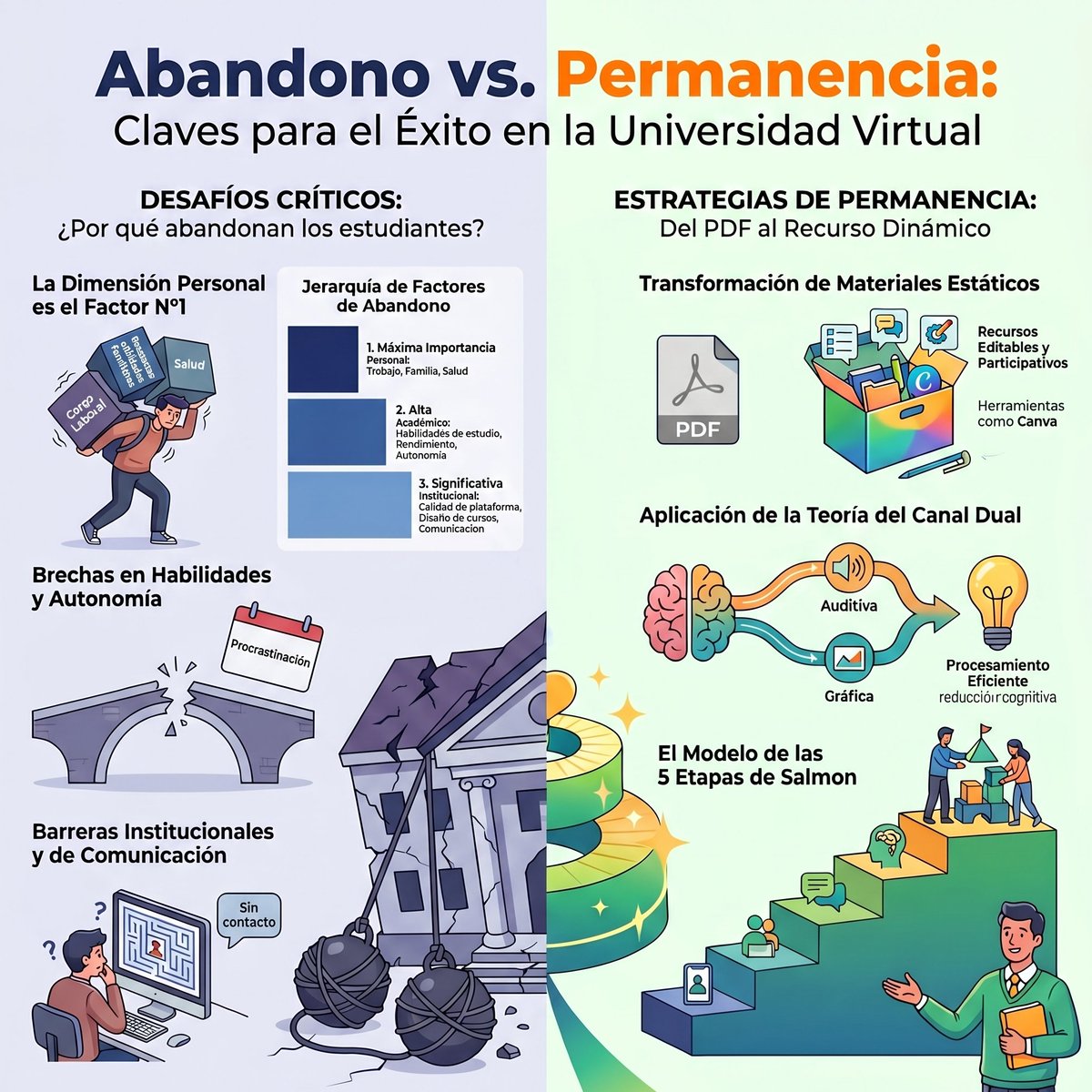 Las universidades enfrentan una crisis silenciosa: estudiantes que abandonan porque la experiencia digital no responde a sus expectativas. El envío de PDFs y clases virtuales sin diseño pedagógico provoca desconexión y desmotivación.

La permanencia requiere innovación pedagógica