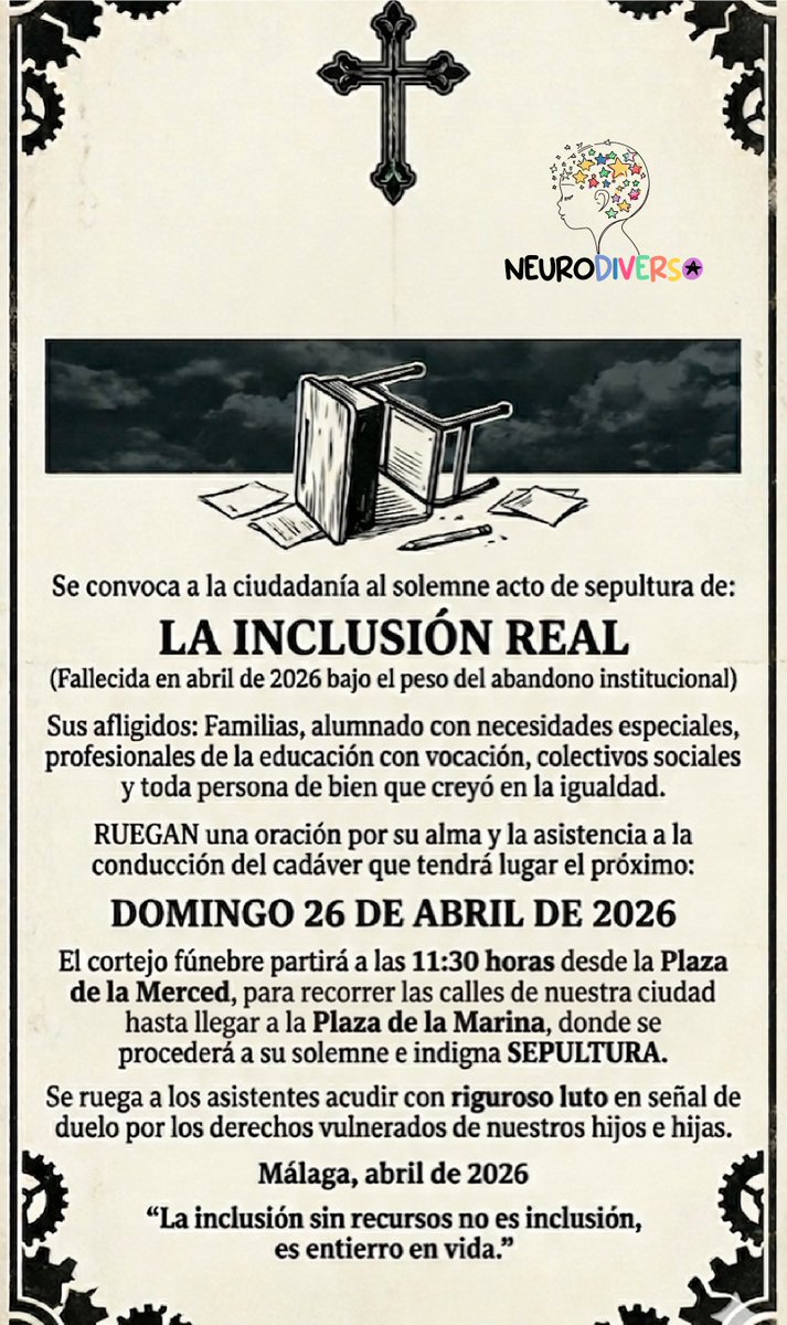 📢 Apoyamos la manifestación convocada por familias de alumnado con #NEAE en Andalucía por una educación inclusiva y digna.

🗓️ 26 abril | 11:30
📍 Málaga

🔎 neae.safestackdev.com
📲 instagram.com/derechosneaean…

¡Tod@s a Málaga!

#EducaciónInclusiva #NiUnPasoAtrás #InclusiónReal