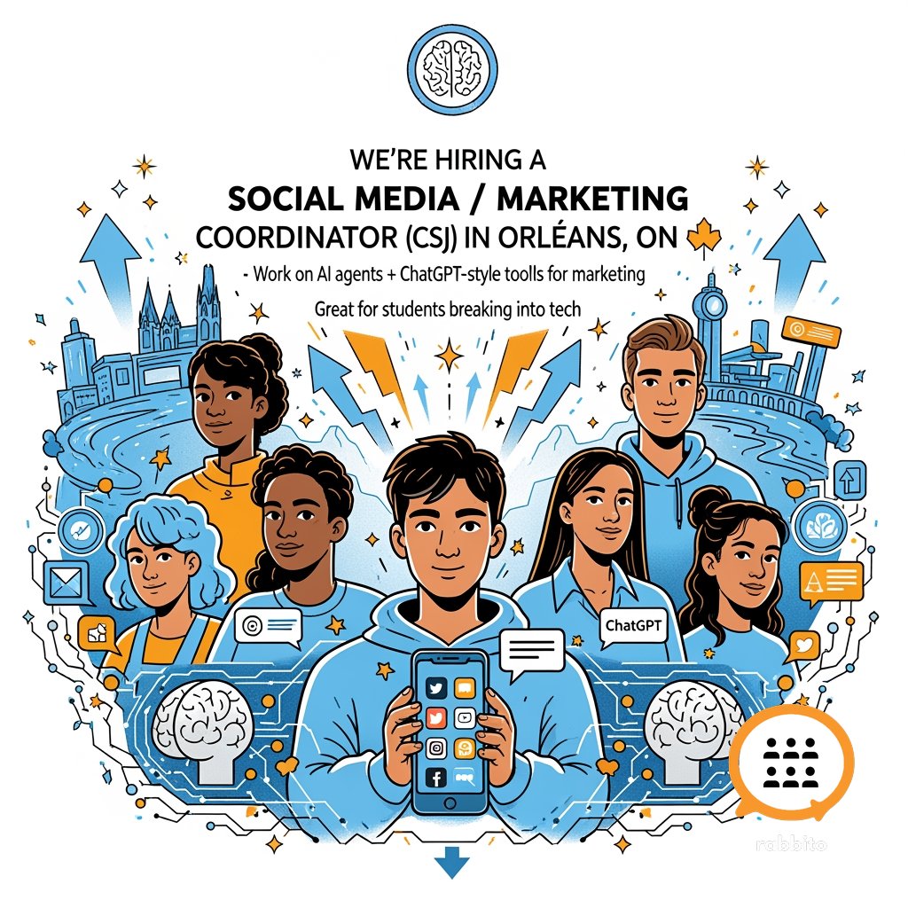 rabbitosocial's tweet photo. We’re hiring a Social Media / Marketing Coordinator (CSJ) in Orléans, ON 🚀
Work on AI agents + ChatGPT-style tools for marketing
Great for students breaking into tech
DM your resume 👇
#CanadaSummerJobs #Hiring #Rabbito #Orléans
@StephenBlais @StartupCanada https://t.co/qWcZaUue8O