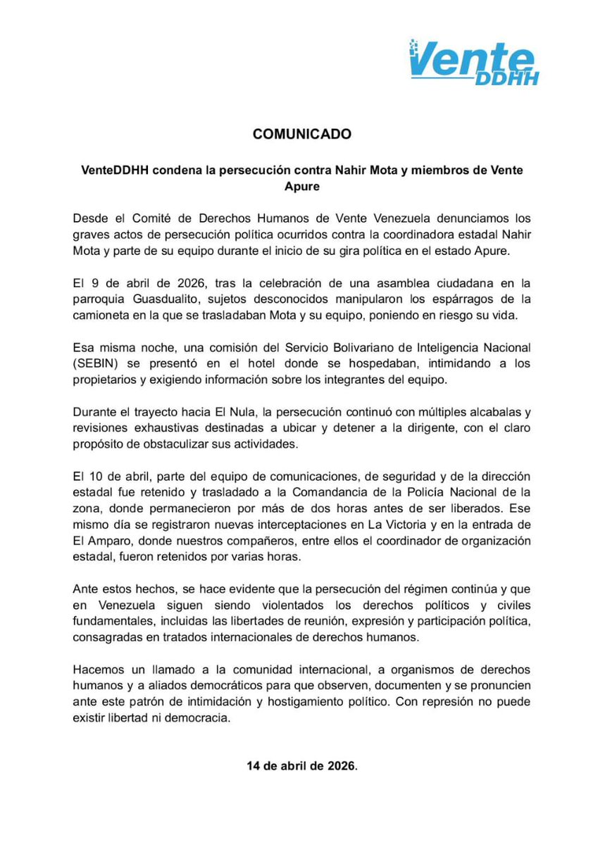 📃 #Comunicado | VenteDDHH condena la persecución contra Nahir Mota y miembros de Vente Venezuela en Apure ‼️

Exigimos el cese de la persecución. Con represión no puede existir libertad ni democracia.

📱bit.ly/426QnF4