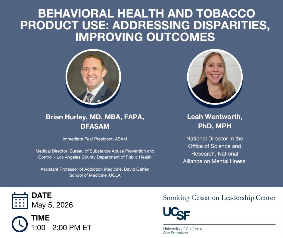 SCLC_UCSF's tweet photo. REMINDER: SCLC’s next webinar, “Behavioral Health and Tobacco Product Use: Addressing Disparities, Improving Outcomes” will take place on Tuesday, May 5, 2026 from 1:00 – 2:00 PM ET.

Registration is open! Secure your spot today.
https://t.co/CsEpyd3S5V https://t.co/D33dUvhKHN