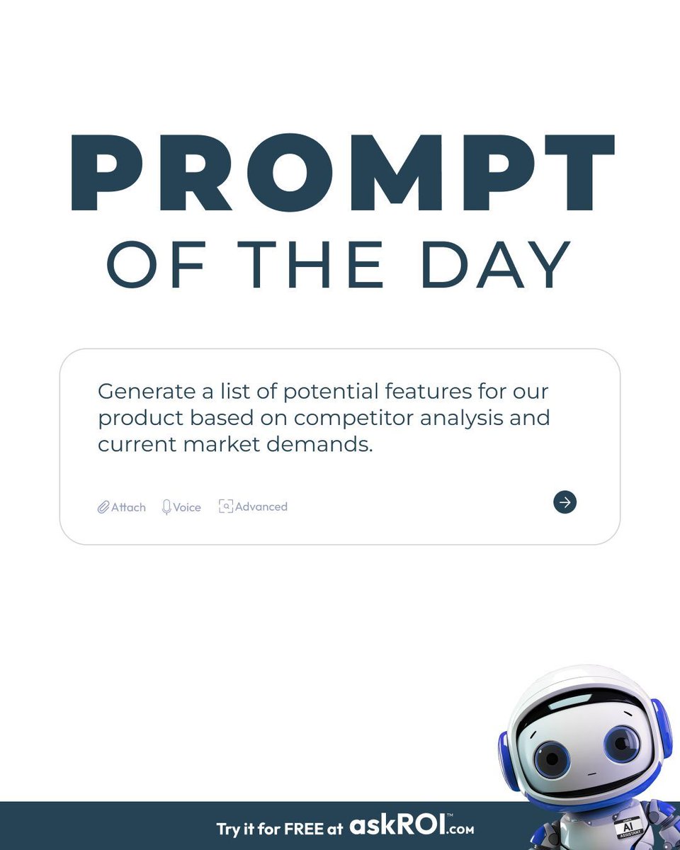 askroiapp's tweet photo. Building a new product?

Try asking AI:

“Generate a list of potential features for our product based on competitor analysis and current market demands.”

The right prompt can help uncover opportunities your competitors missed.

Try it free → https://t.co/WSnjoZfgjK https://t.co/Wdf8ybYoeu