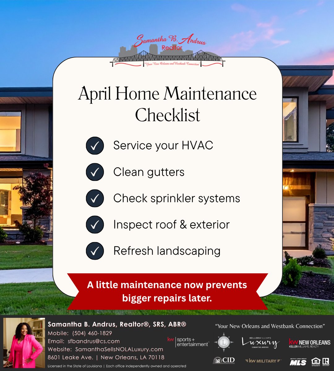 sfbandrus's tweet image. Spring is a great time to stay ahead of routine home maintenance.

April reminders:
• Service HVAC system
• Clean gutters
• Inspect roof &amp;amp; exterior
• Test sprinkler systems
• Refresh landscaping

#HomeMaintenance #HomeownershipTips #SpringChecklist