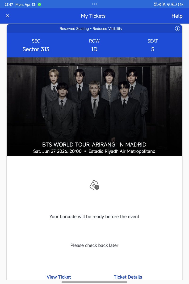 artforelf's tweet photo. BTS TICKET RESALE 
⏰ 20:20WTS 3 BTS tickets 🎫
📍
📅 June 27
⏰ 20:20
💺 Sector 313, Row D, Seats 4-5-6 (great view)
💵 160€ each (price negotiable)
Can sell separately ✔️
Proof available ✔️
Transfer via Ticketmaster
Serious buyers only — DM me!
#WTSBTS #BTSTicket #BTSConcert https://t.co/4hmZyVTVxz