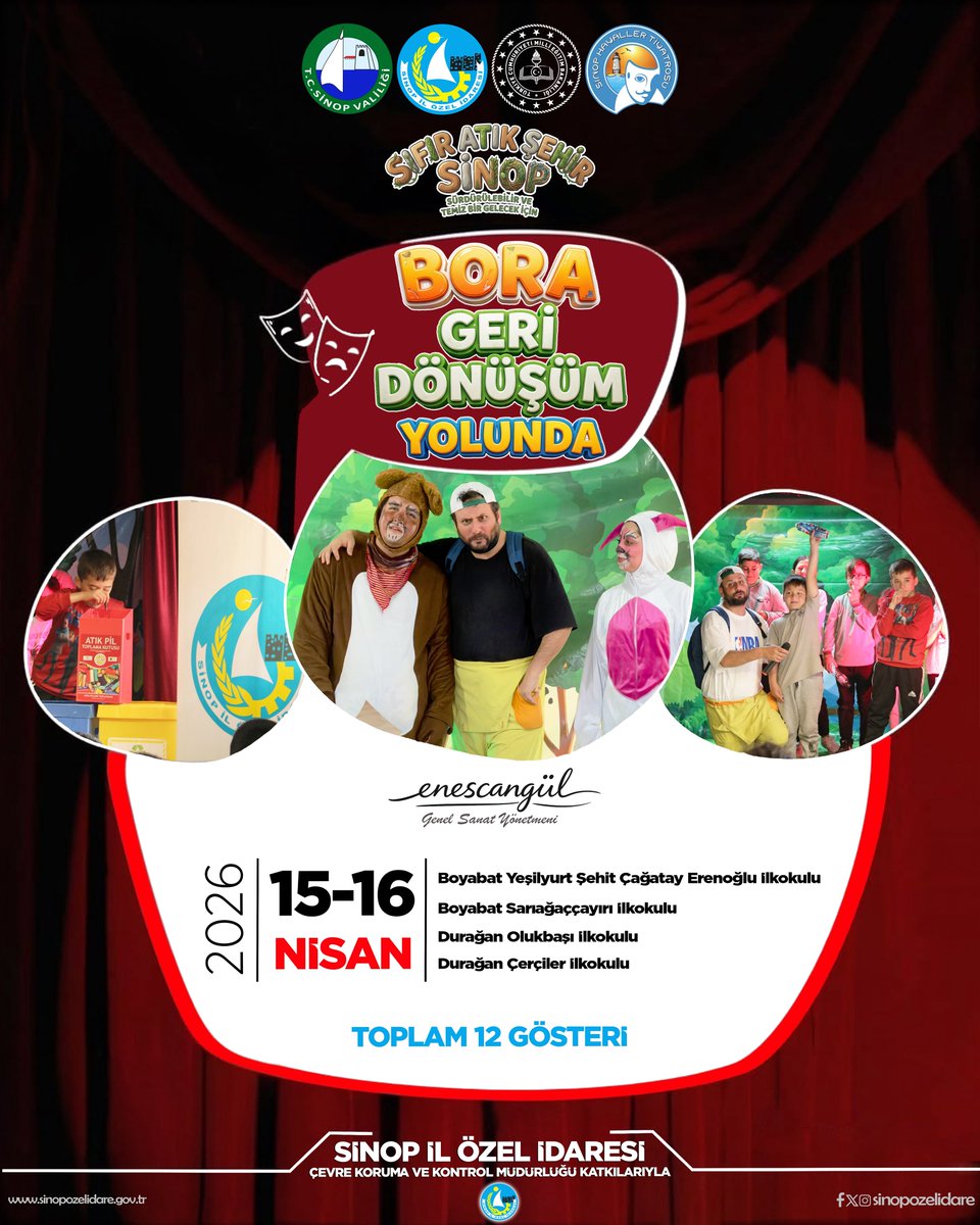 🎭 Bora geri döndü, 3. etap sahada!

Valiliğimiz himayelerinde “Sıfır Atık Şehir Sinop” kapsamında “Bora Geri Dönüşüm Yolunda” yeniden sahnede! ♻️💧🌍🌱

📆 15–16 Nisan  
📍 Boyabat &amp; Durağan  
🎫 Ücretsiz

Kıymetli desteğiniz için teşekkürler <a href="/mustafaozarslnn/">🇹🇷Dr.Mustafa Özarslan</a> | <a href="/yahyacinkil/">Yahya ÇINKIL 🇹🇷</a> 🫶