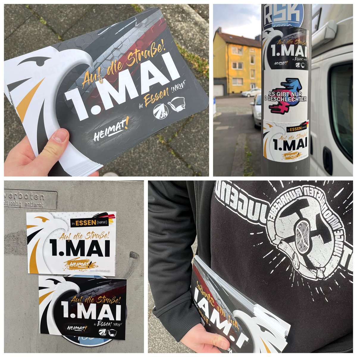 HEIMAT_BoWat's tweet photo. Abt. Zugeschicktes: Der 1. Mai steht an und auch in Bochum (Werne und Langendreer) haben Aktivisten für die nationale 1.Mai-Demonstration in der Nachbarstadt Essen geworben 

Heraus auf die Straße! Für Familie, Volk und Heimat! 

https://t.co/zhHxLvinxo https://t.co/0fJVwY7iIl
