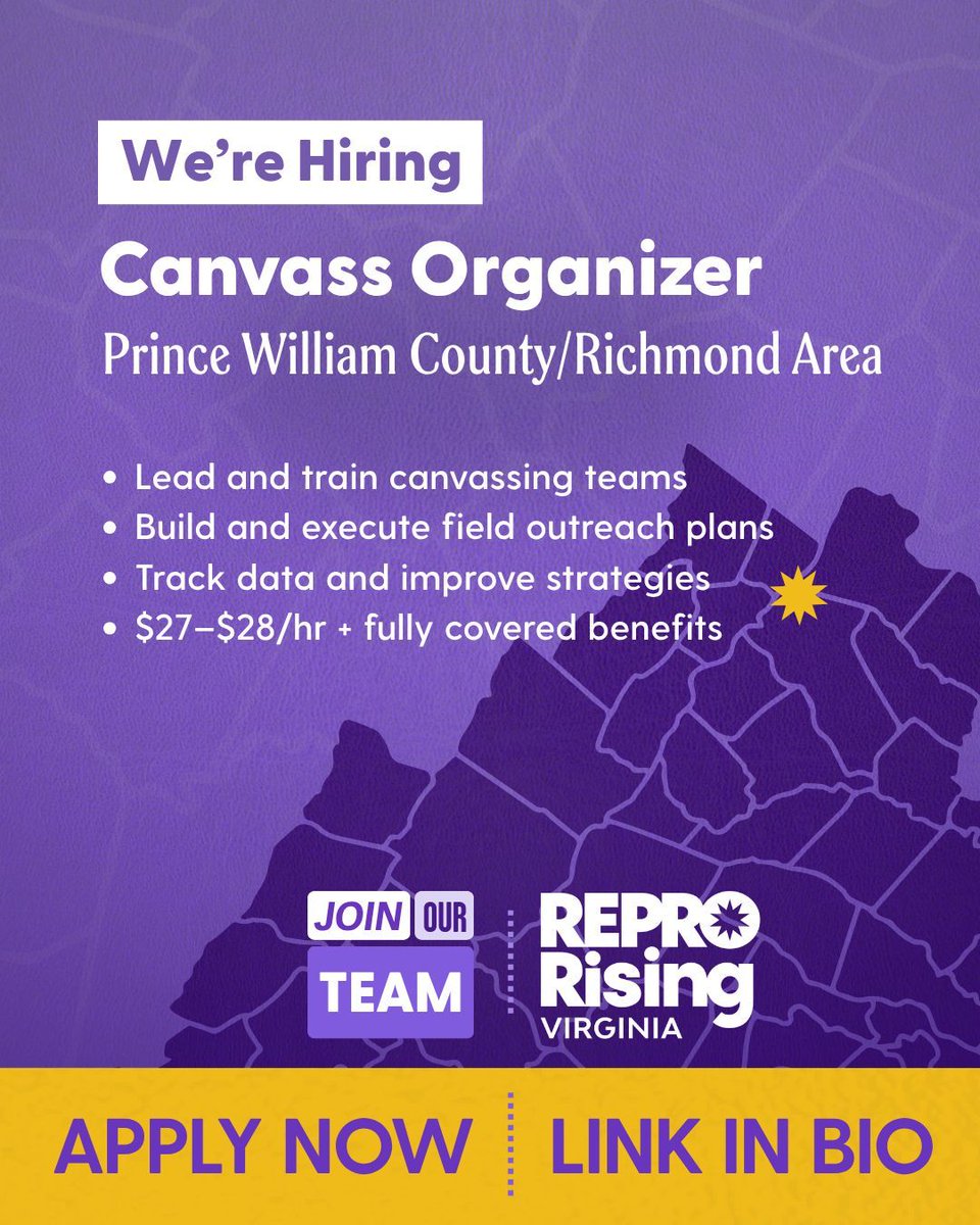 REPRORising_VA's tweet image. 📣 We're looking for a canvass organizer to cover Prince William County to Richmond!
Talk to voters, build community, and help move reproductive freedom forward this election season. Apply now: buff.ly/x1IfImE

#NonprofitWork #ReproductiveFreedom #HiringNow #RVAJobs