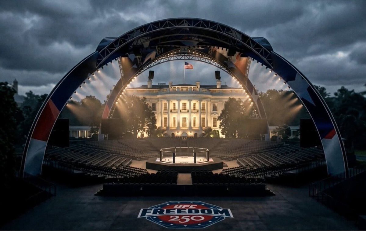 PrepNation_TV's tweet image. #MMANews: UFC releases rendering of 
MMA Pavilion for Historic Freedom 250 
Fight Card at the White House. 7 fights 
booked for Paramount+ June 14 Event. 

2 Title Fights: Lightweight and Heavyweight.  
Ilia Topuria vs Justin Gaethje and also Alex
Pereira vs Cyril Gane. #UFC