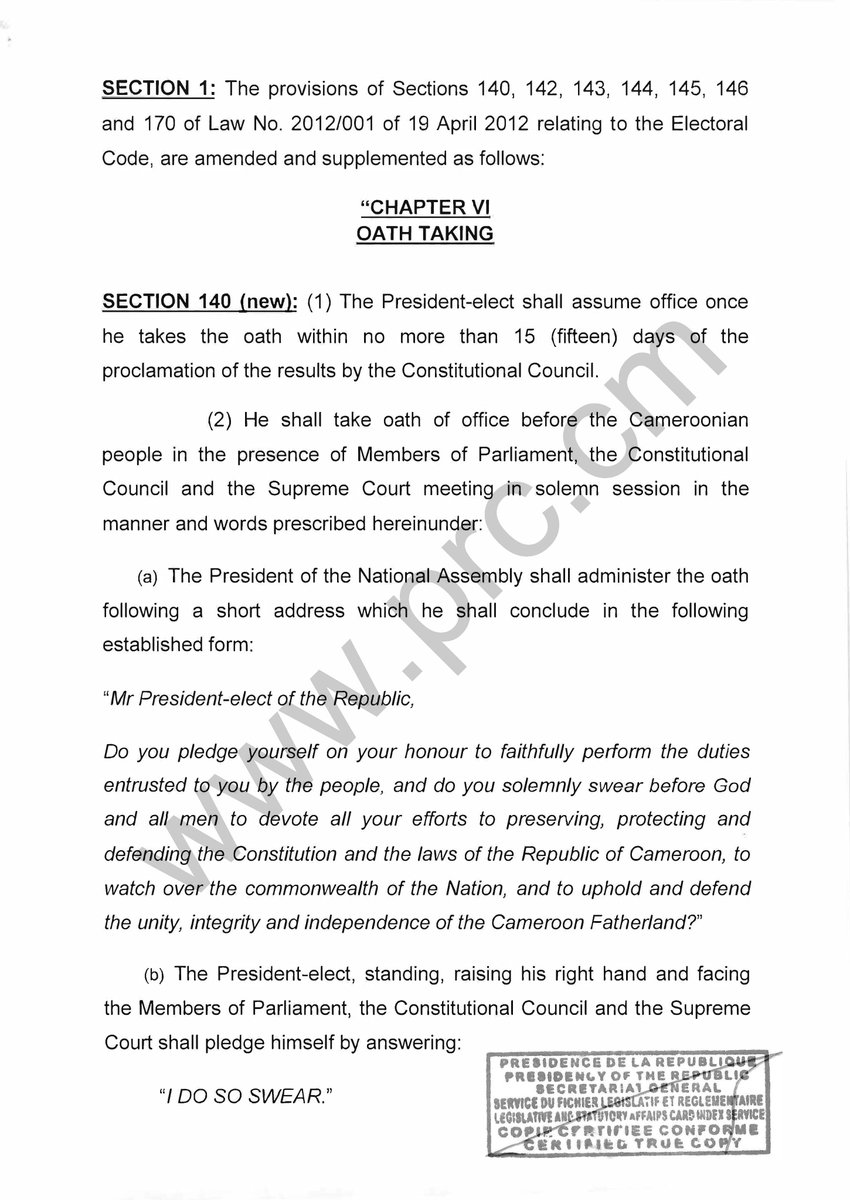 PR_Paul_BIYA's tweet image. Law to amend and supplement some provisions of law No.2012/001 of 19 April 2012 relating to the electoral code.

#PaulBiya
#Cameroon
1/2