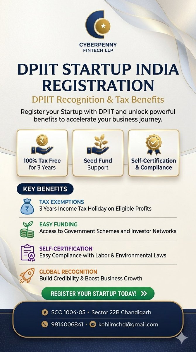cyberpennyfin's tweet image. Secure DPIIT Startup India Registration with experts at Cyberpenny Fintech LLP.
Unlock key benefits:
• 100% Tax Exemption – 3 yrs out of 10 (u/s 80-IAC)
• Enhanced Global Recognition
• Investor Network Access
Build for long-term success. Reach out today.
#StartupIndia #DPIIT
