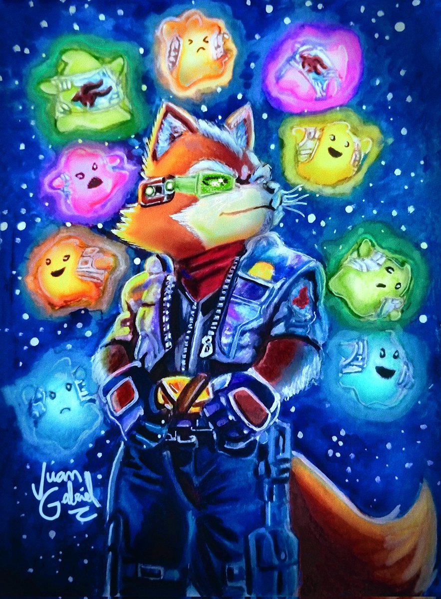 juangabriel2236's tweet photo. "I see em up ahead! 
Let's rock and Roll!"
🦊🌟🚀🌌

Fox McCloud em aquarela, finalizado com sucesso. Eu precisava desenhar esse momento (⁠☆⁠▽⁠☆⁠)

#FoxMcloud #StarFox #SuperMarioGalaxy #Art https://t.co/JLZur3jatO