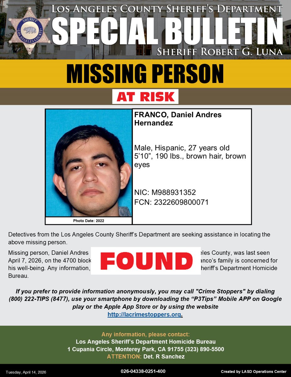 LASDHQ's tweet image. *UPD FOUND* #LASD is Asking for the Public's Help Locating At-Risk Missing Person Daniel A Hernandez Franco #Maywood - nixle.us/H8KLT