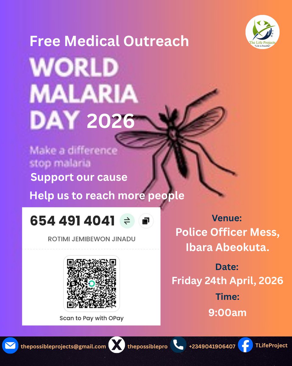 thepossiblepro's tweet photo. 🌍❤️ A Call to Action — Help Us Save Lives This World Malaria Day!
Every year, malaria steals lives that could have been saved. This World Malaria Day 2026, The Life Projects is taking action. https://t.co/lE7yLdgDje