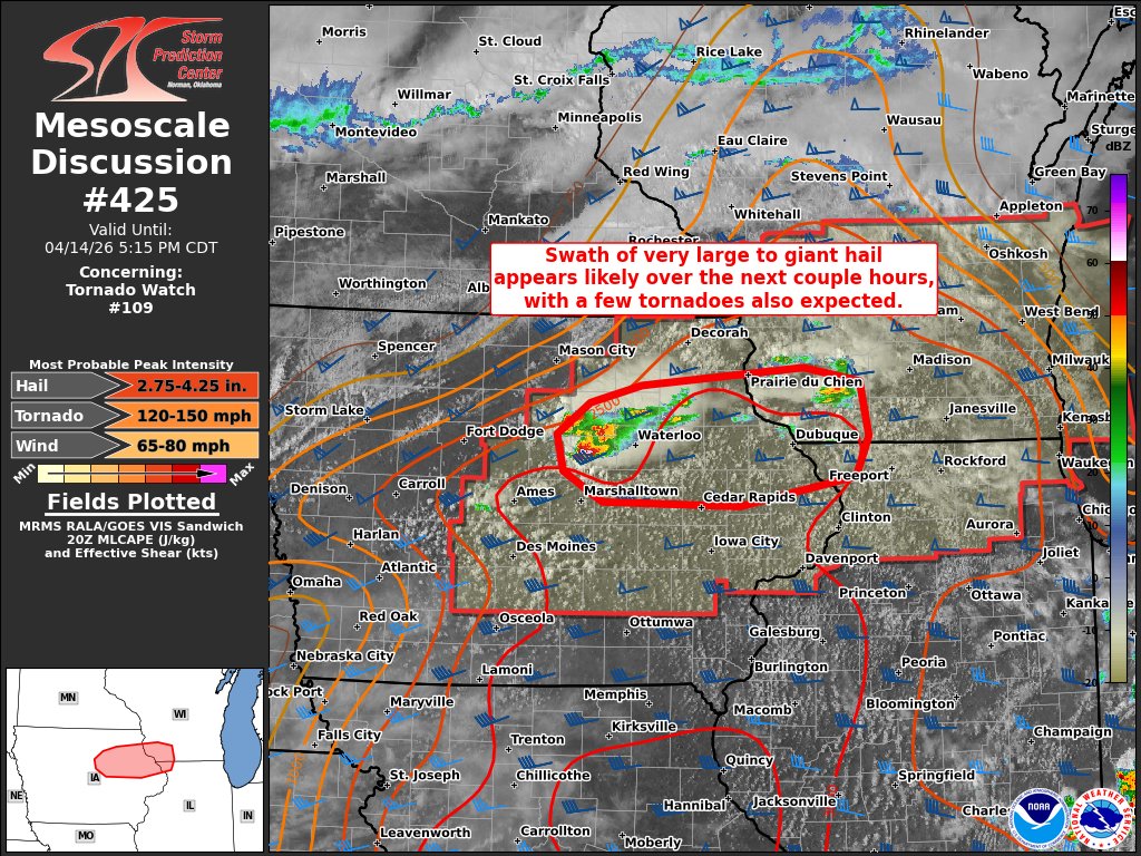 NWSSPC's tweet image. 3:44pm CDT #SPC_MD 0425 , #ilwx #wiwx #iawx, spc.noaa.gov/products/md/md…