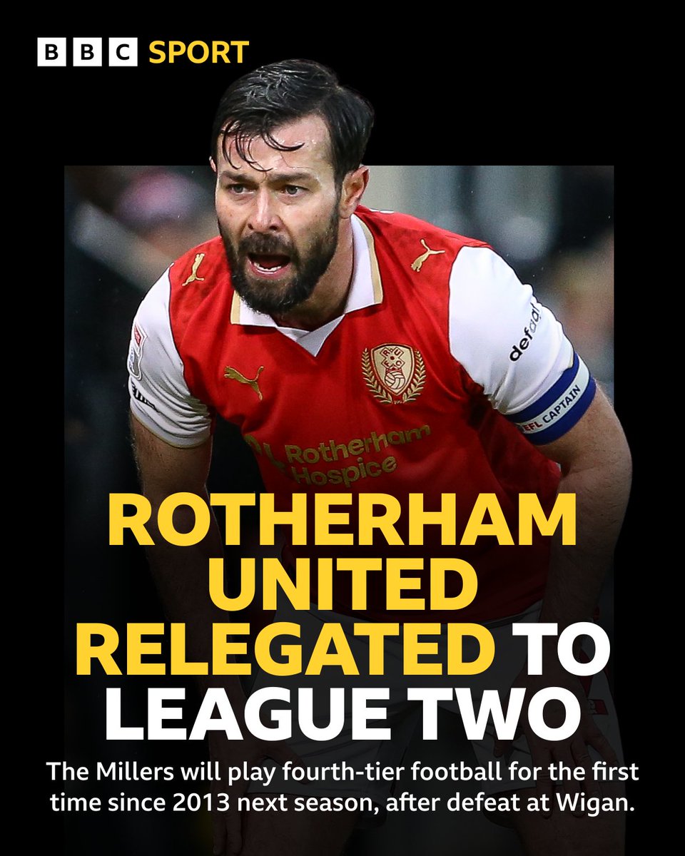 footballheaven's tweet image. FULL TIME: Wigan Athletic 3-0 Rotherham United

Defeat at the Brick Community Stadium confirms the Millers' relegation to League Two, with four games remaining.

#RUFC | @BBCSheffield