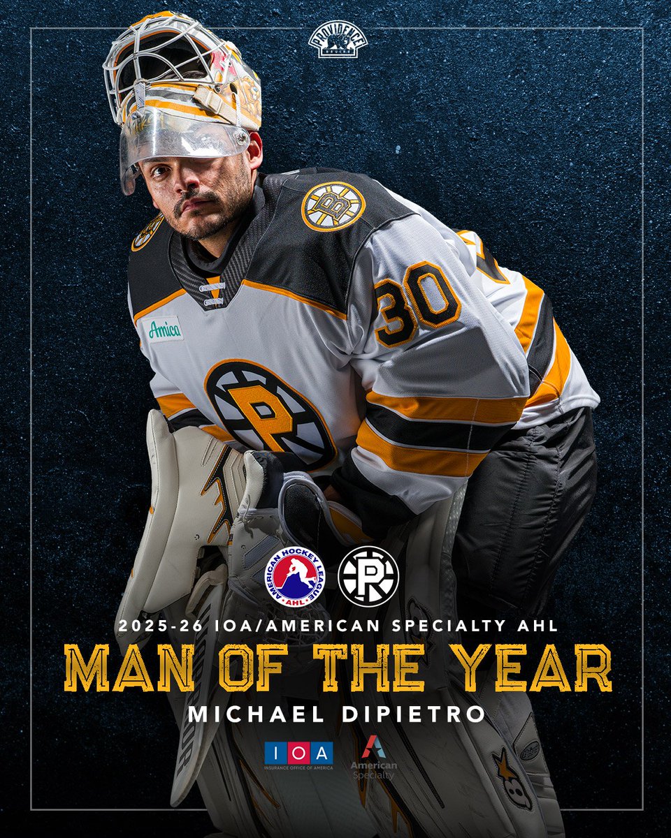 AHLBruins's tweet photo. Congratulations to Michael DiPietro on being selected as the 2025-26  #AHLBruins IOA/American Specialty AHL Man of the Year for his outstanding contributions to the local community and charitable organizations this season! https://t.co/Gr5hwB7fSU