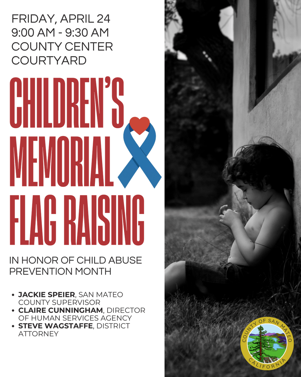 sanmateoco's tweet photo. Join us during Child Abuse Prevention Month for a Flag Raising Memorial honoring children who lost their lives due to child abuse.
Date: Friday, April 24, 2026
Time: 9 – 9:30 am
Location: County Center Courtyard
#ChildAbusePreventionMonth https://t.co/3GRX93pWsb