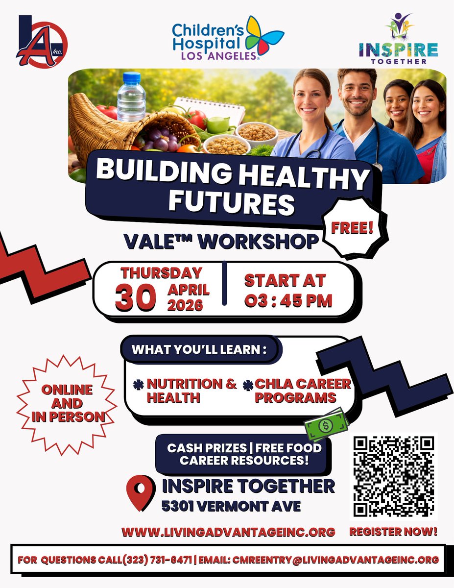 LivAdvInc's tweet photo. Living Advantage Inc, Inspire Together, and @childrensLA are excited to welcome you to our VALE Workshop!
We will be giving away prizes, providing food and career resources, and providing information about how kids can set themselves up for success!
#lainc #inspiretogether #chla https://t.co/jjE8toRuXN